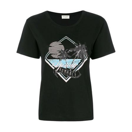 Saint Laurent, Young Romance Print T-Shirt Zwart, Dames, Maat:M
