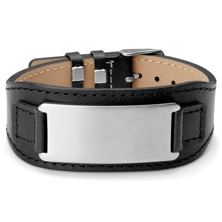Stainless Steel & Black Leather ID Bracelet for Men - Leather bracelets