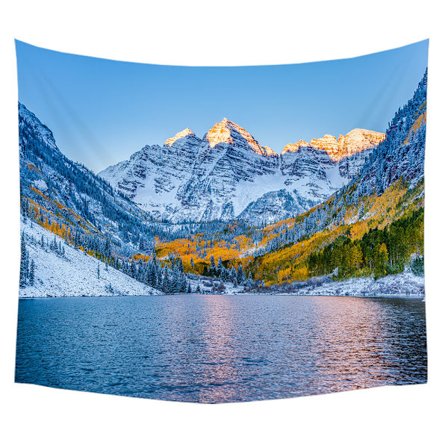 1PC Veggteppe, veggdekor, skog snøfjell elvemønster