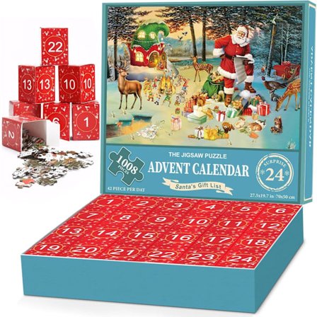 Julekalender Puslespil 1008 Brikker til Voksne, Jule Nedtællingskalender 2024 Puslespil, Ferie Snedækket Landskab