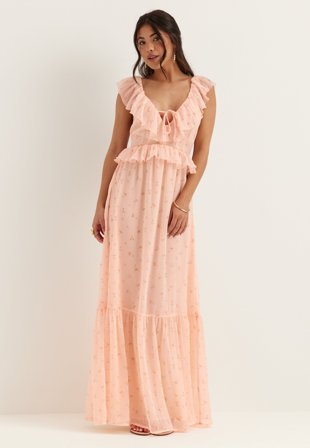 Bubbleroom Occasion - Frill Tie Back Chiffon Maxi Dress - Peach/Patterned