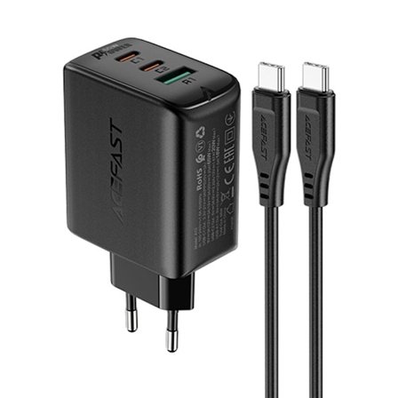 Acefast 65W Väggladdare 2x USB-C & 1x USB-A Ink. 1.2m USB-C Kabel - Svart