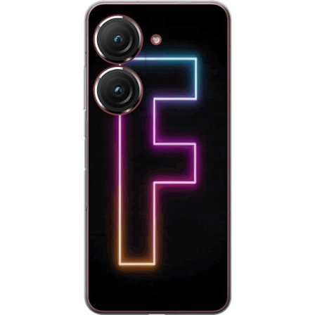 Kompatibel Mobilcover til Asus Asus Zenfone 9 Neonbogstav F i lyserød, blå og gul lyskanter mod en mørk baggrund, grafisk bogstavillustration med e