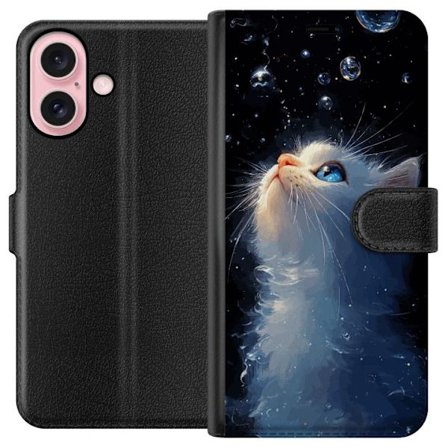Kompatibelt Lommeboketui til Apple Apple iPhone 16 Stjernekatte Drøm motiv med hvit katt som ser mot stjernehimmelen, magiskt drømmeaktig og nattlig
