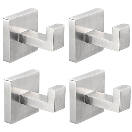 Fire-pak håndklekroker, kraftige kroker i rustfritt stål (firkantet børstet sølv) for baderomsvegger, stue, soverom, kjøkken og garderober.