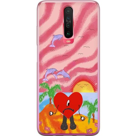 Kompatibel Mobilcover til Xiaomi Redmi K30 Bad Bunny i en farverig quiltet jakke med hjertemønster og solbriller i moderne gade stil