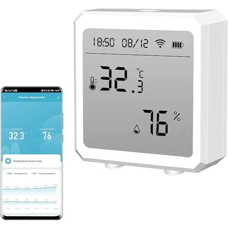 Smarter Living - Smart WiFi Temperatur- og Fugtighedssensor (Firkantet Model), Intet Hub Kræves, Batteridrevet, Telefonalarmer