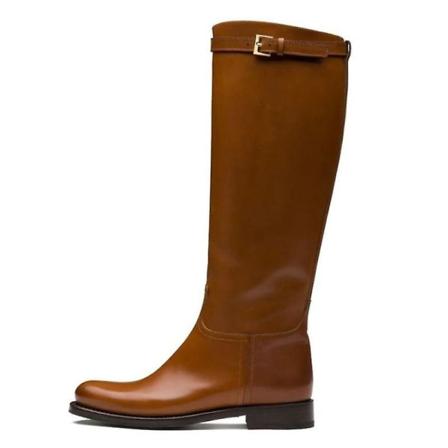 Knähöga stövlar i läder för kvinnor, platt klack Brown 10
