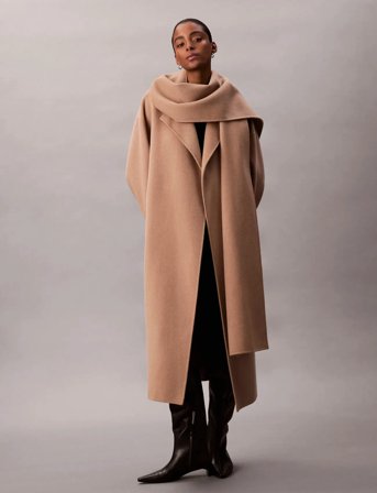 Calvin Klein Dbl Face Wool Scarf Coat - Beige - L