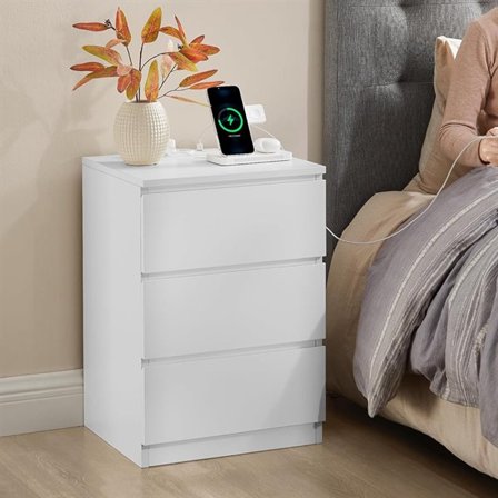 Nattbord med 3 skuffer og strøm- samt USB-kontakter – Hvit