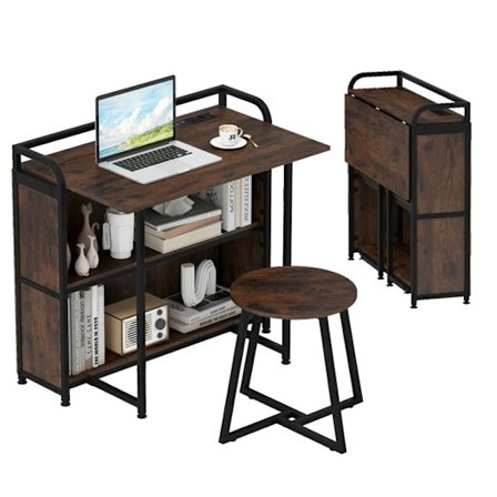 COSTWAY Fällbart Skrivbord med Bärbar Pall och Förvaringshyllor, AC-uttag, USB-port & Typ-C Brun