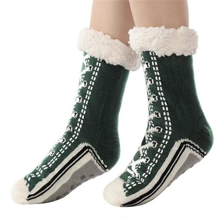 Sneaker Mönster Fuzzy Toffelsockor Termiska Fleecefodrade Hemstrumpor med Halkskydd Vinterstrumpor Present till Kvinnor Armégrön