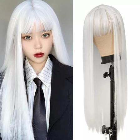 Fgy Hvit Langt Rett Hår Med Lugg Cosplay 28 Tommer Ren Hvit Parykk Anime Lolita Varmebestandig Fiber Syntetisk Parykk