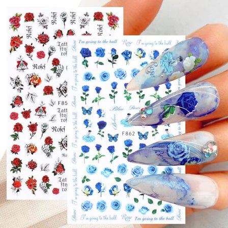 9 ark Spring Rød Rose Neglekunst Mærkater Dekaler Selvklæbende Blå Hvid Gul Pink Blomster Floral Design Manicure Tips