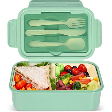 1400 ml Bento Lunsjboks, Beholder med 3 Rom, BPA-fri Sandwichboks for Voksne og Barn, Grønn