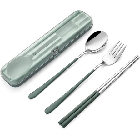 Kannettava uudelleenkäytettävä astiasto matkustamiseen ja retkeilyyn - 18/8 ruostumaton teräs 4-osainen lounaspakkaus: haarukka, lusikka ja 