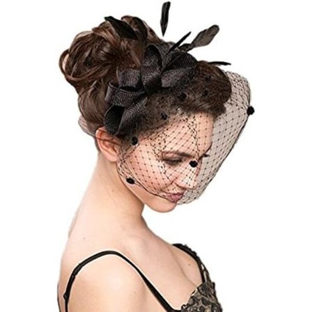 Elegant sløyfe- og fjær-bryllups-cocktail-fest-slør Fascinator hårklipp hatt nett (svart)