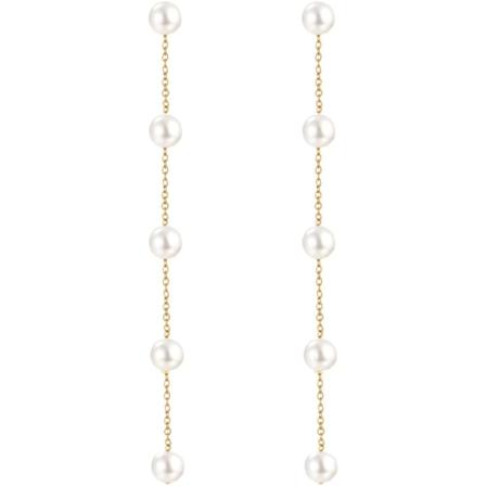 925 Sterling Sølv Trådøreringer Perle Ball Drop Lang Kjede Ørepynt for Kvinner og Jenter