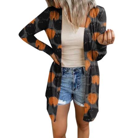 Halloween Print Cardigan Långärmad V-neck Button Coat Pumpki