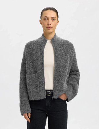 Selected Slfsia Ras Ls Knit Zipper Cardigan Noos - Grey - XXL