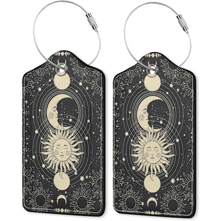 2 Pakk Lær Bagasjelapp for Koffert Sol Måne Astrologi Faser Zodiak Tegn Unike Reiseetiketter med Personvern Deksel ID