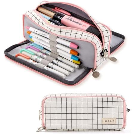 Stor blyantsæske med stor kapacitet 3 rum lærred blyant pung til teenagere drenge piger skoleelever (Pink Strip Black Grid)