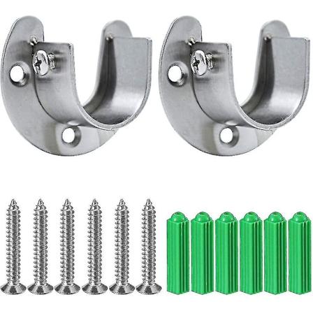 Runde Rørbraketter for Klesstang, 2 stk Garderobe Klesstangsbeslag Endestykke Sølvfarget med Skruer, U-formet (25mm)