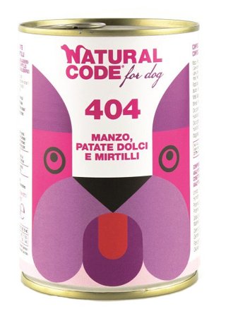 Natural Code 404 Cibo Umido Con Manzo/Patate Dolci/Mirtilli Per