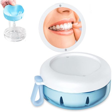 Tandproteseæske - 95*95*50mm - Med Spejl - Bøjleæske - Tandbøjleæske - Tandproteseopbevaring - Si og Spejl - Holdbar og Hygiejnisk - Bøjler - 