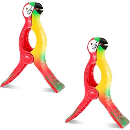 Strandhåndklædeclips (2 papegøjer), 2 store tøjklemmer, tørresnorsophæng, solseng papegøje strandhåndklædeclips, liggestol, swimmingpoolstol, lau