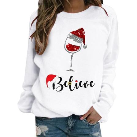 Jul Kvinner Langermet Vinglass Print T-skjorte Xmas Casual Løs Sweatshirt Skjorter Crew Neck Bluse Pullover Jumper Topper White M