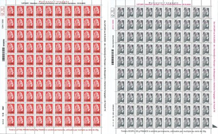 Frankrig - Marianne 2018 med overtryk 31.12.2022 - Postfrisk sæt med 2 helark á hver 100 mærker