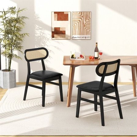 Sett med 2 spisestoler i tre med rottingrygg – svart