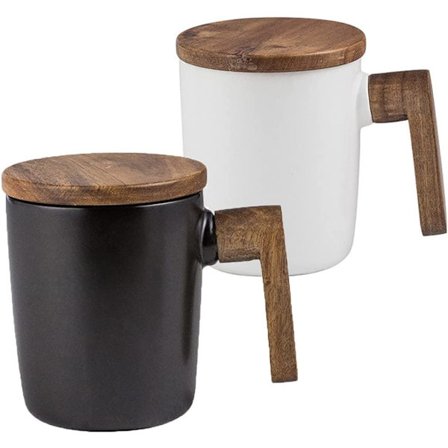 Glat keramisk kaffekrus, kreativt kontor krus i nordisk stil, træhåndtag med låg, specialfremstillet retro keramisk kop, 370 ml, 1 (hvid og sort)