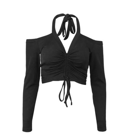 V-hals langærmet snørebånd rynket foran salat trim crop top