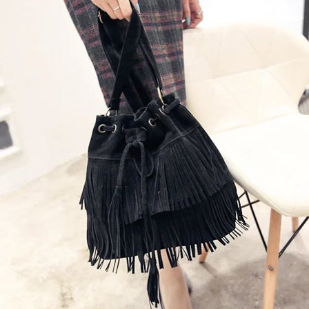 [PL】Retro Faux Suede Fringe Dusker Veske Dame Messenger Bag Ny Håndveske Svart