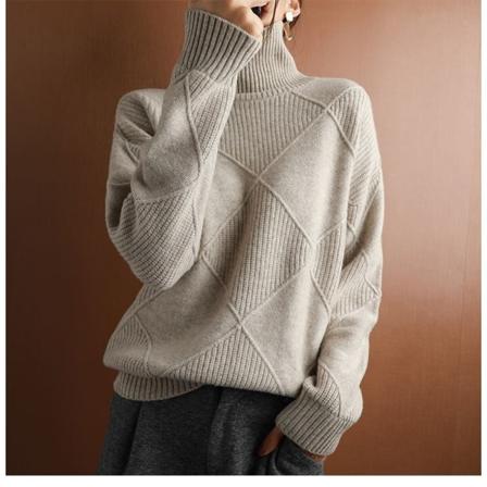 Kvinnor Stickad Höst Vinter Tröja Turtleneck Diamantformad Tjock Pullover Lös Lazy Style Gray M