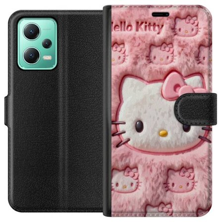 Kompatibel Tegnebogsetui til Xiaomi Redmi Note 12 Hello Kitty lyserød fluffy baggrund med ikonisk ansigt og kawaii-æstetik