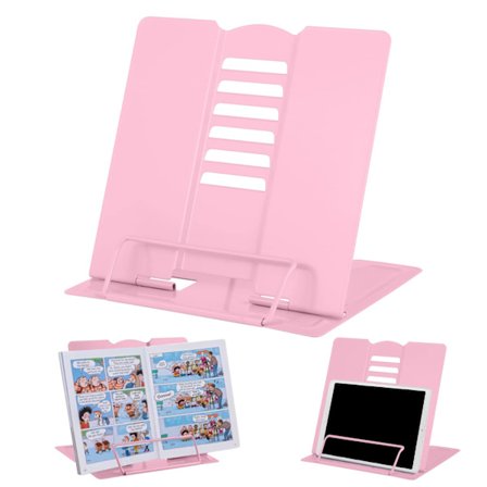 Metallbokstativ Läsbokhållare Lättviktsbokstativ Bärbara lärobokshållare Justerbart stativ Surfplatta Musikbokstativ & hållare (Ljusrosa)