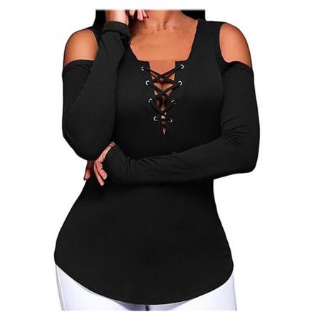 Dam T-shirt Kall Axel V-halsbandage Långärmad Topp,