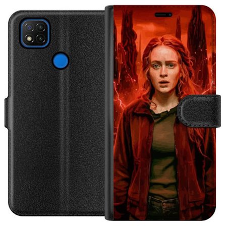 Kompatibelt Plånboksfodral till Xiaomi Redmi 9C Porträtt av en ung kvinna med rött hår i en apokalyptisk landskap, röda blixtar och mörka klippf