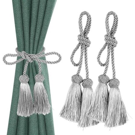 Käsityönä tehdyt verhonauhat, 2 kpl, hapsuilla ikkunaverhoihin C