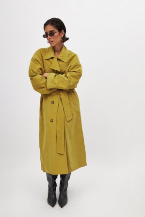 NA-KD Double Breasted Belted Trenchcoat - Trenchcoats - Grøn - EU 44