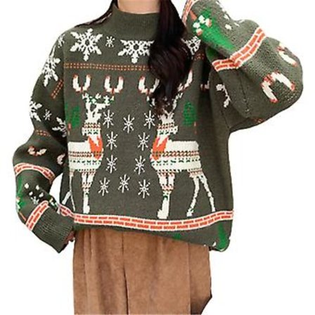 Dame Julegenser Julehjort Mønster Genser Strikket O-hals Genser Fiis(Grønn)