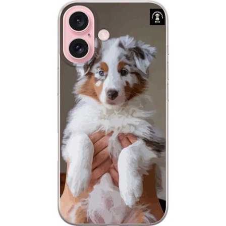 Kompatibel Mobilcover til Apple Apple iPhone 16 Sød hvalp med blå øjne, fluffy pels og charmerende udtryk - perfekt hundemotiv for dyreelskere.