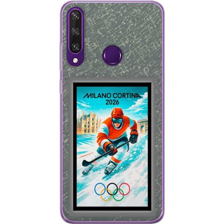 Yhteensopiva Puhelinkuori Huawei Y6p Curlingkuvitus pelaajilla ja kivillä jäällä, Milano Cortina 2026, lumisia roiskeita ja olympiasormukset