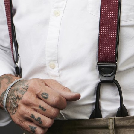 Bretelle larghe bordeaux a pois con fermaglio per bottoni per uomini - Bretelle per bottoni