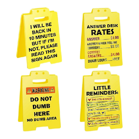 4 stk. Morsomme kontorskilt, livlige farger, høy styrke, svarbordpriser, morsomme skilt, White Elephant-gaver