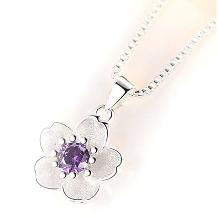 Flower necklace - silver color with purple rhinestone