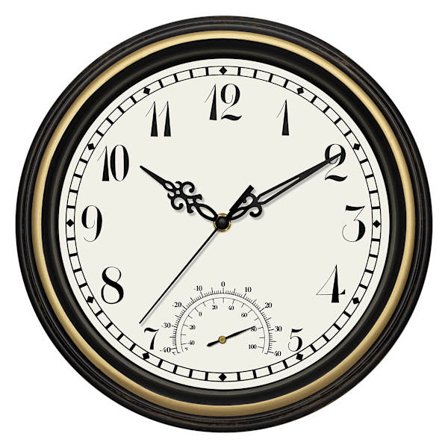 Innendørs utendørs veggklokke med termometer (12 tommer, svart gull)